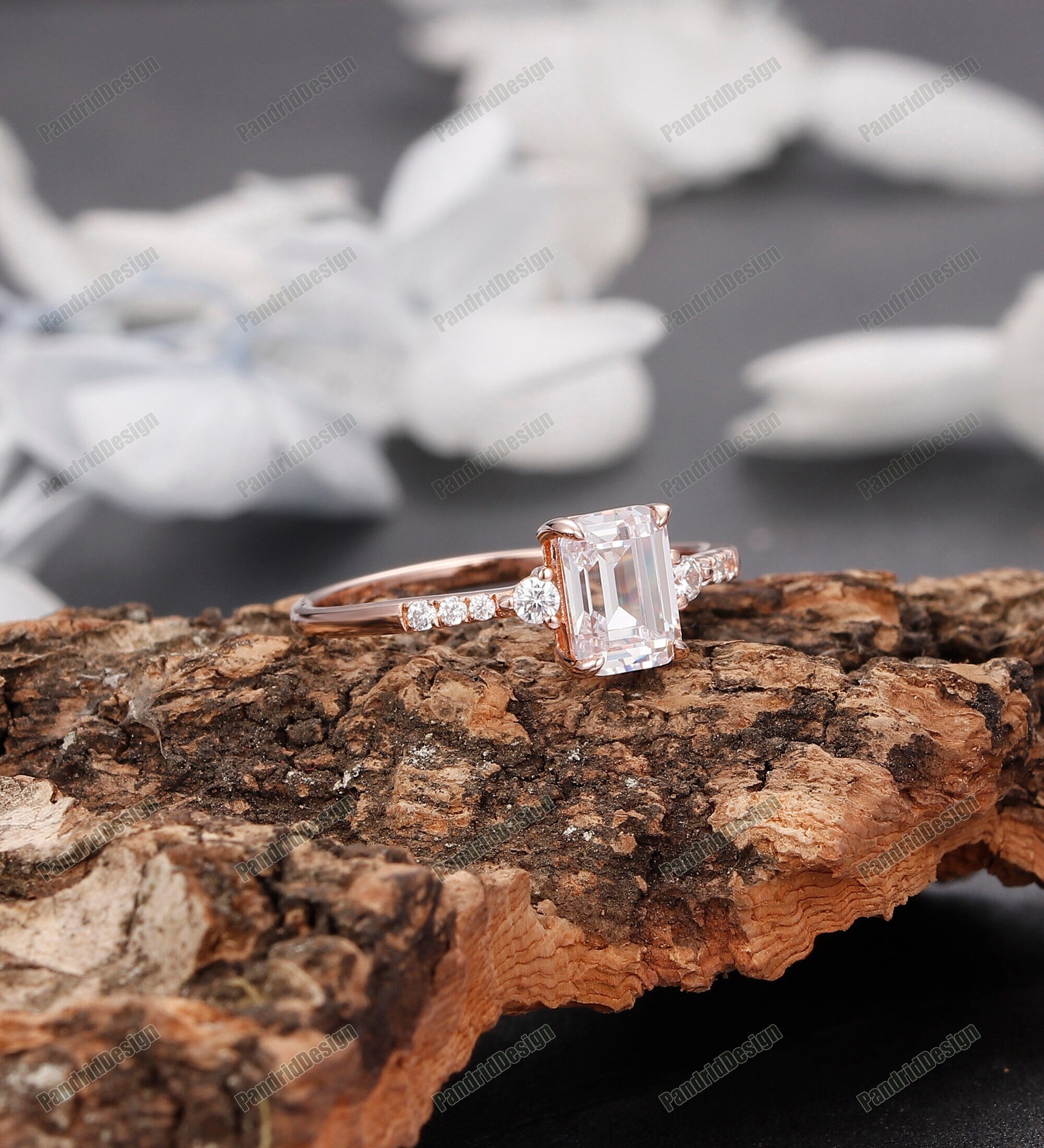 Emerald Shaped Lab Grown Diamond Ring, RoundDiamond Distance Pave Wedding Ring, 0.5-2.0CT Emerald Cut Lab Diamond Anniversary Gift for Lover