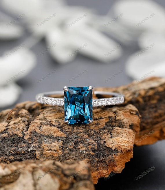 2.0 3.0CT Radiant Cut Natural London Blue Topaz Engagement Ring