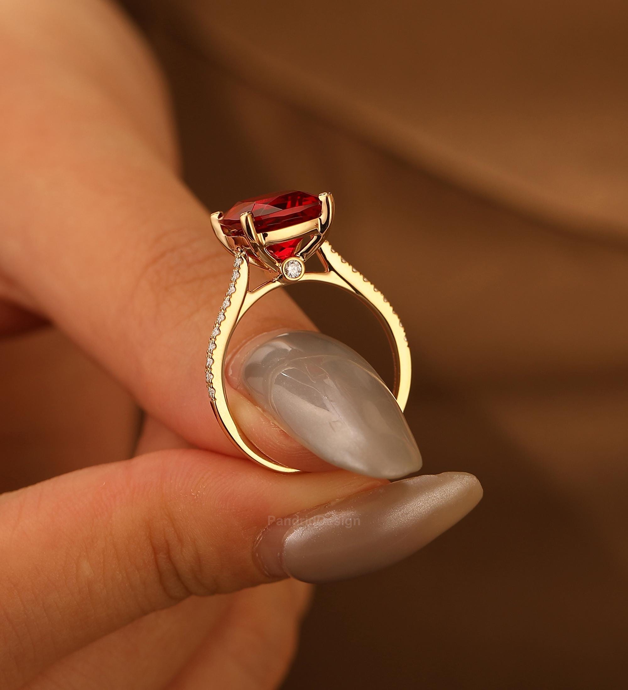 Hidden Halo Elegant Red Ruby Wedding Bridal Ring Solid Gold, Art Deco 3.5CT Cushion Cut Ruby Jan Birthstone Gemstone Engagement Ring Jewelry