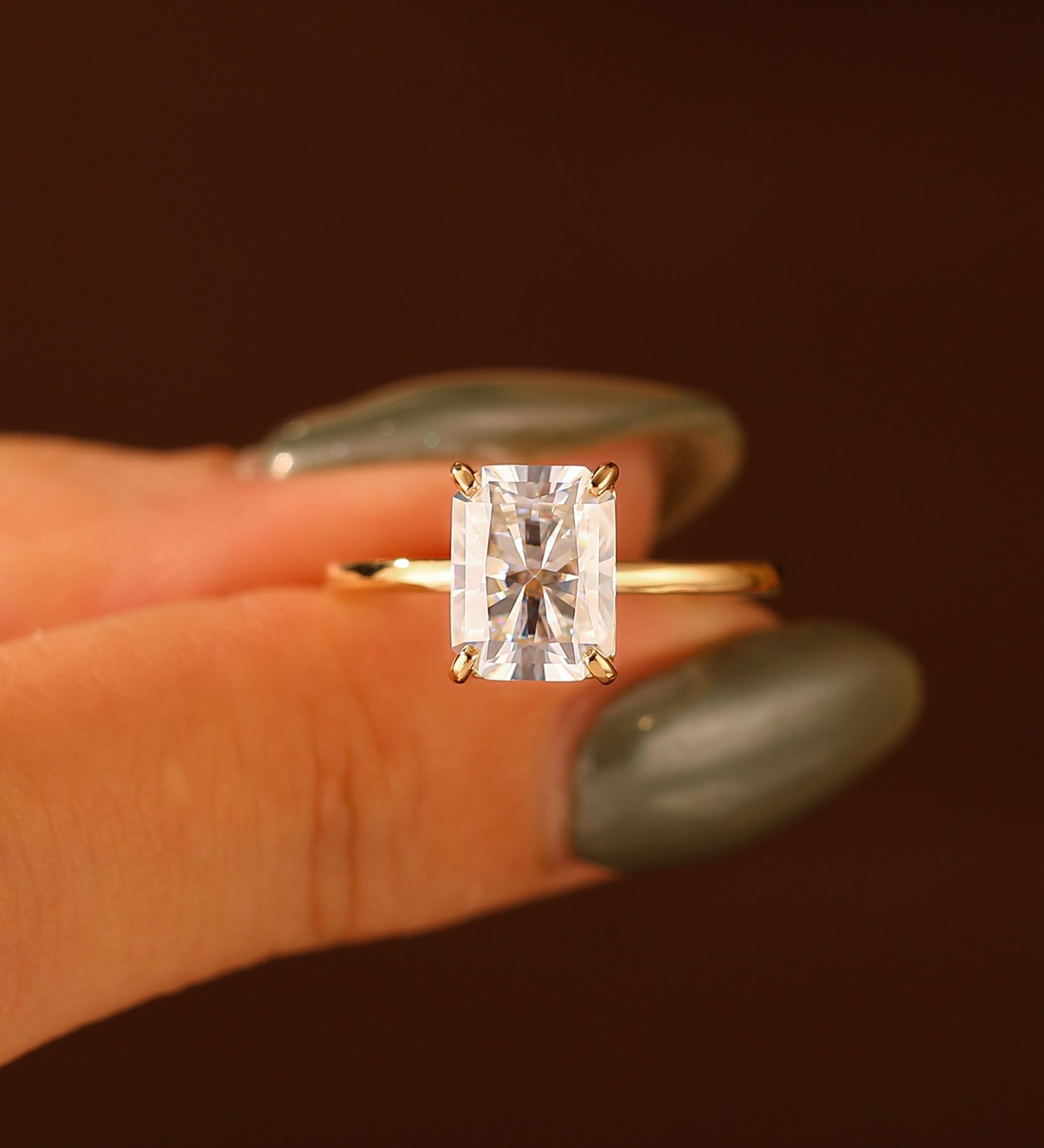 2.50CT Solitaire Radiant Cut 6.5x8.5mm Moissanite Ring, Solid Yellow Plain Gold Moissanite Diamond Ring, Moissanite Women Engagement Ring