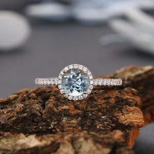 Handcrafted Engagement Wedding Ring, 1.00 Carat Round Cut 6.5mm Natural Aquamarine Ring, 14k White Gold Gemstone Ring, March Birthstone Ring image 2