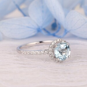 Handcrafted Engagement Wedding Ring, 1.00 Carat Round Cut 6.5mm Natural Aquamarine Ring, 14k White Gold Gemstone Ring, March Birthstone Ring image 5