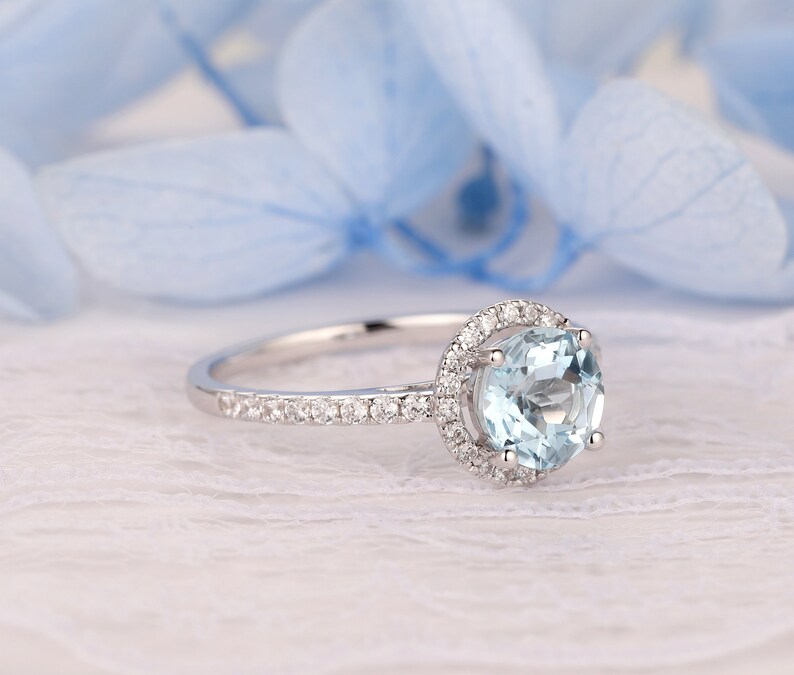 Handcrafted Engagement Wedding Ring, 1.00 Carat Round Cut 6.5mm Natural Aquamarine Ring, 14k White Gold Gemstone Ring, March Birthstone Ring image 5