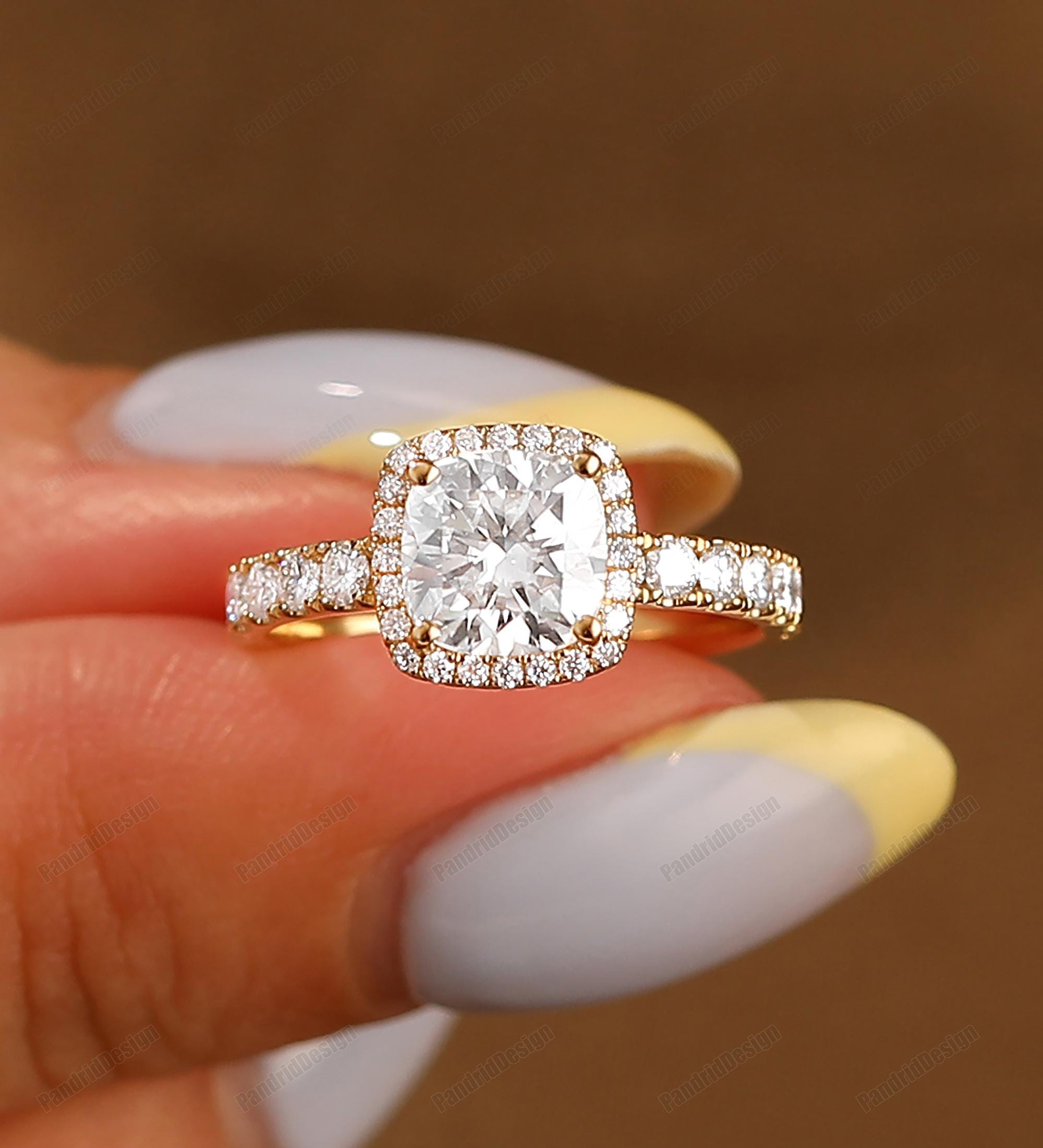 Cushion Cut Moissanite Engagement Ring Women 14k Solid Gold Anniversary Gift, 2.0MM Band  1.1CT Cushion Cut Simulated Diamond Bridal Ring