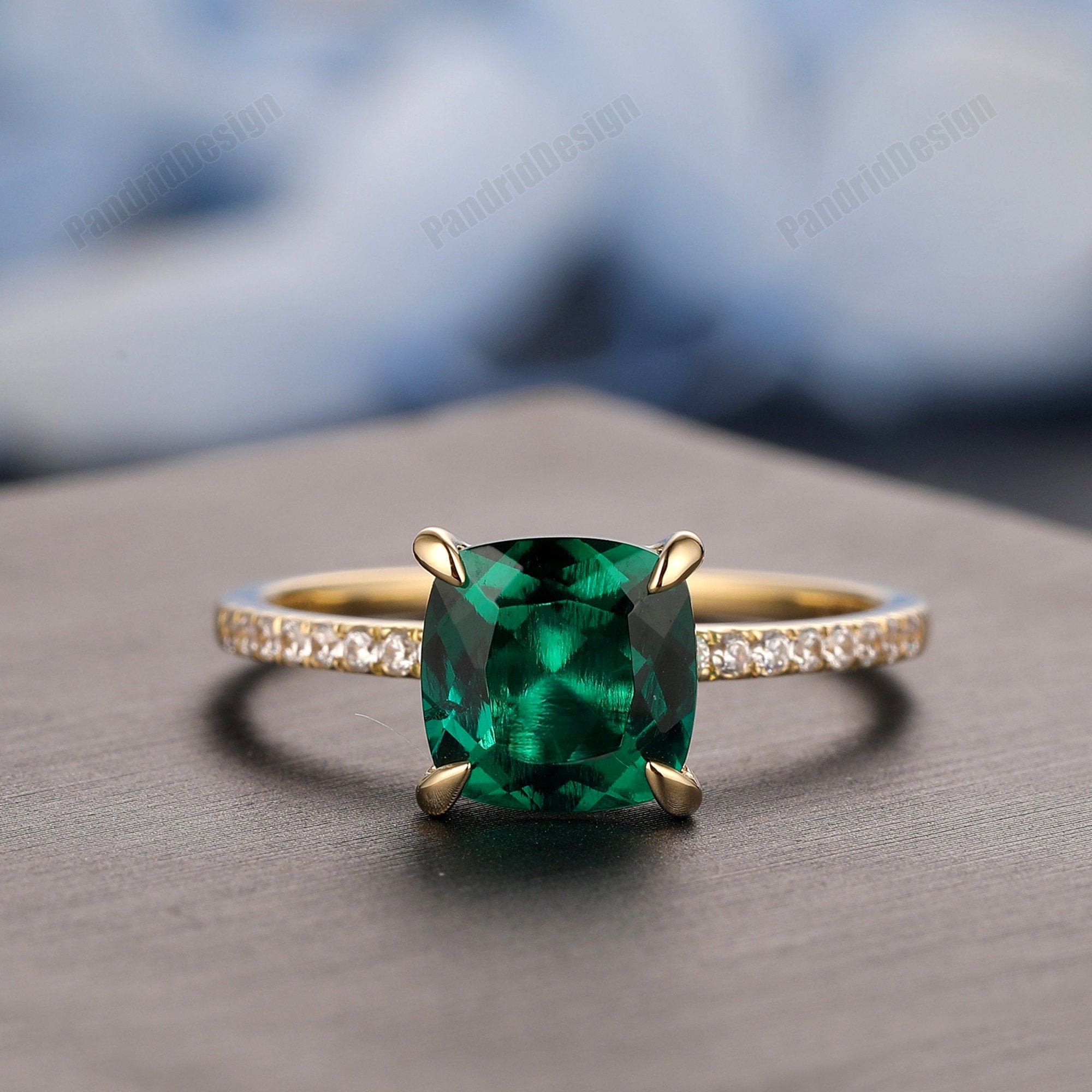 7.5mm 2CT Cushion Emerald Ring 14K Yellow Gold Emerald Ring | Etsy