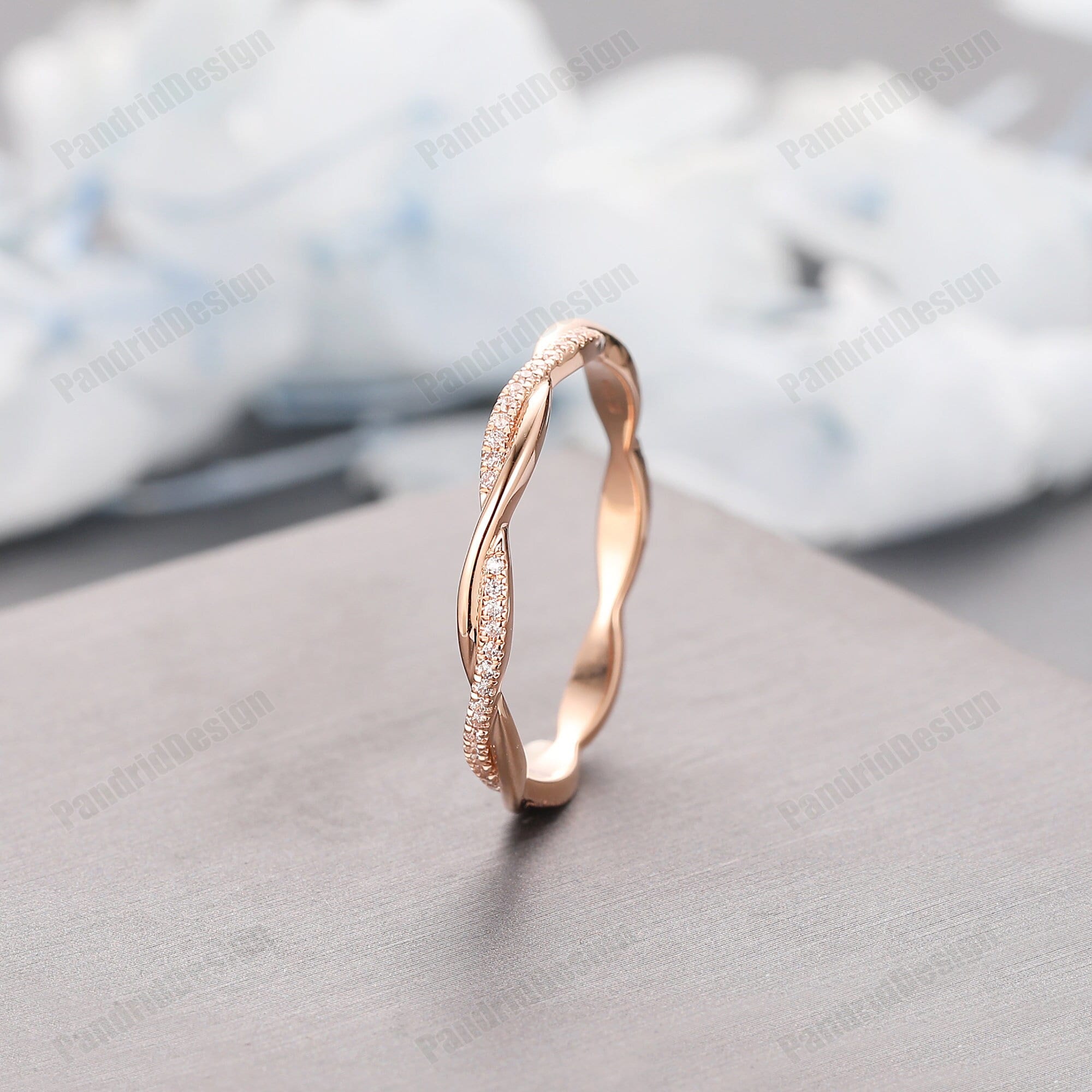 Twist Moissanite Ring Band, Class Style Women's Ring Rose gold, Moissanite Wedding Ring Band, Minimalist Simulated Diamond Stacking Ring