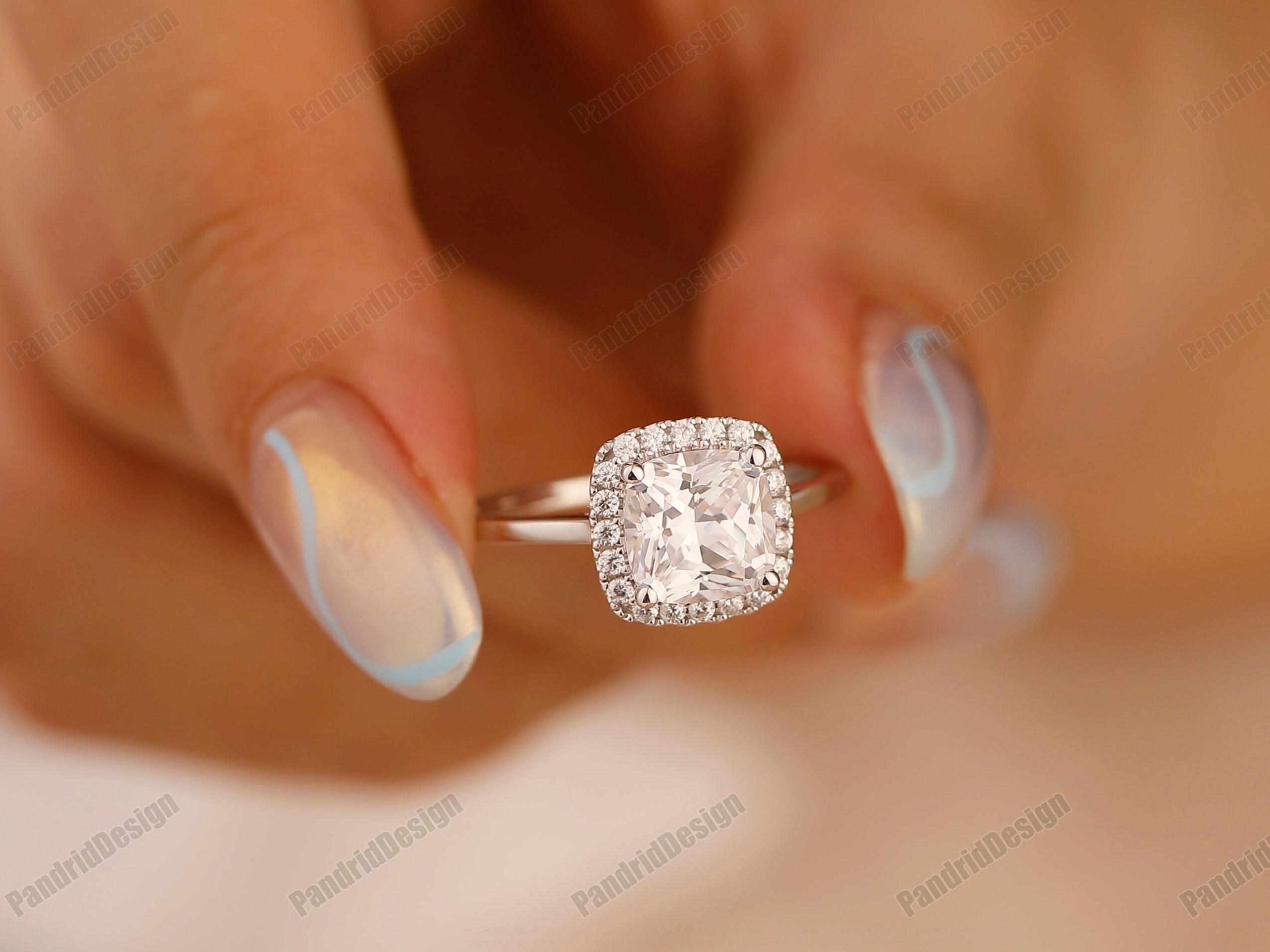 Bague Fiançailles/mariage Halo Diamant Simulé 2,43 Ct Taille Coussin - Argent 925, Personnalisable
