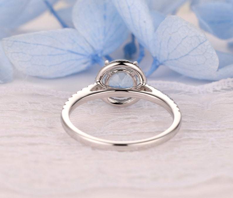 Handcrafted Engagement Wedding Ring, 1.00 Carat Round Cut 6.5mm Natural Aquamarine Ring, 14k White Gold Gemstone Ring, March Birthstone Ring image 7