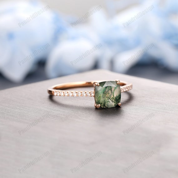 Handcrafted Engagement Ring Cushion Cut 7mm Natural Moss Agate