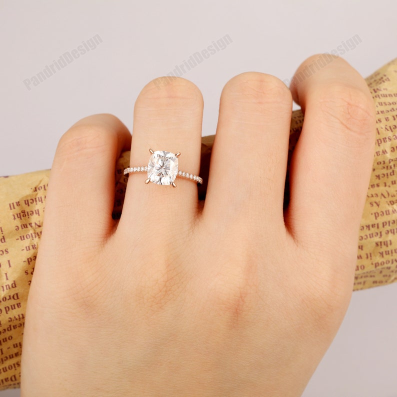 Long Cushion Cut 7x8mm 2.00CT Moissanite Ring, Pave Set Moissanite Wedding Ring, 14k Gold Minimalist Ring, Simulated Diamond Engagement Ring image 1