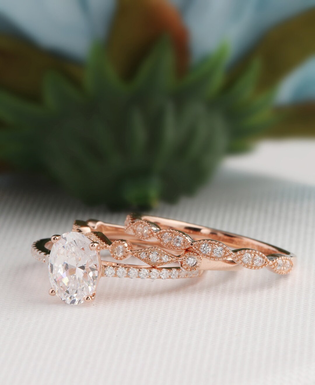 3pcs Bridal Set, Oval Cut 6x8mm Simulated Diamond Ring, Art Deco ...