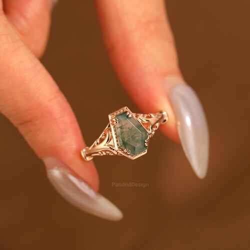 Antique Coffin Cut Moss Agate Wedding Ring Gold Engagement Ring, Event Gift For Her