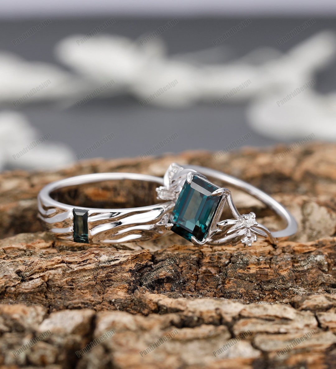 His and Hers Wedding Band- Gold Ring Set, Green Blue Sapphire Leaf