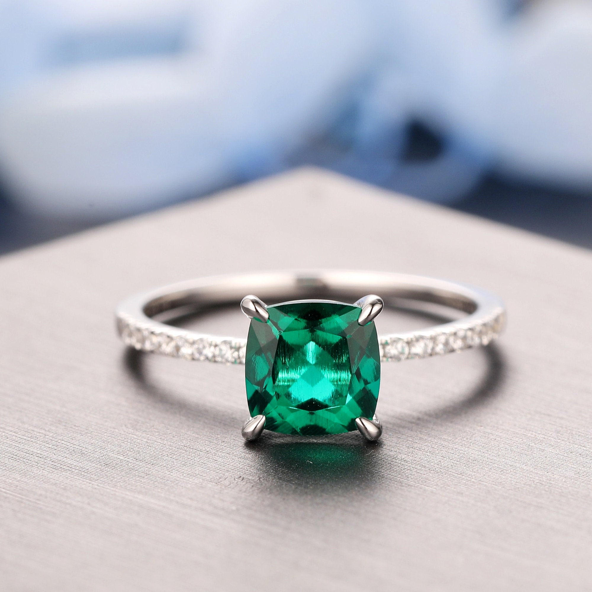 6.5mm Cushion Cut Lab Created Emerald Ring 14K Yellow Gold | Etsy