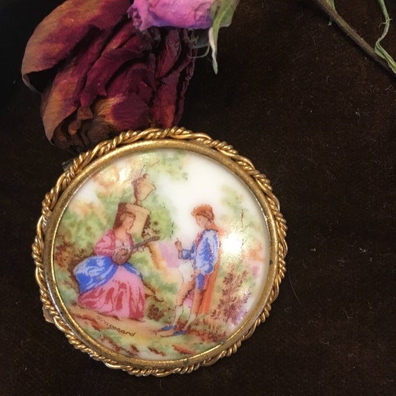 Antique Limoges Brooch Courting Couple Romantic