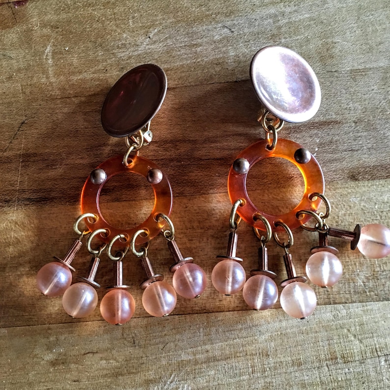 Vintage Lucite Plastic Clip Earrings Dramatic Copper Boho Style!