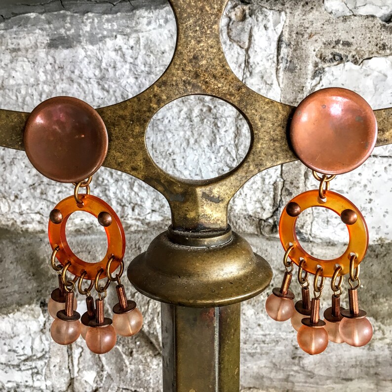 Vintage Lucite Plastic Clip Earrings Dramatic Copper Boho Style!