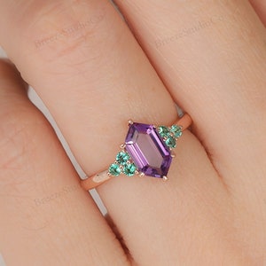 Ready - Hexagon Amethyst Engagement Ring Custom Birthstone Art Deco Statement Ring Gift