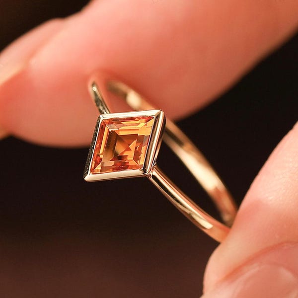 14k Gold Citrine Ring Rhombus Cut Bezel Set Gemstone Ring November Birthstone Jewelry