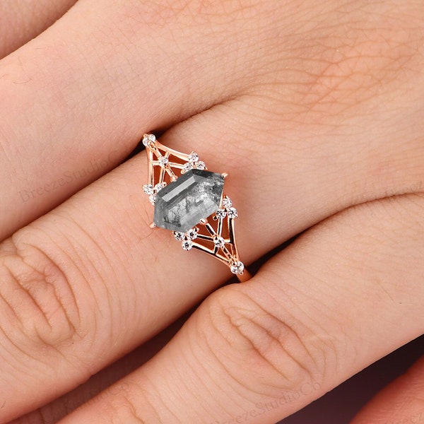 Cluster Unique Elongated Hexagon 1CT Salt & Pepper Diamond Engagement Ring Geometric Diamond Round Split Band Wedding Ring Rose Gold 18K/14K