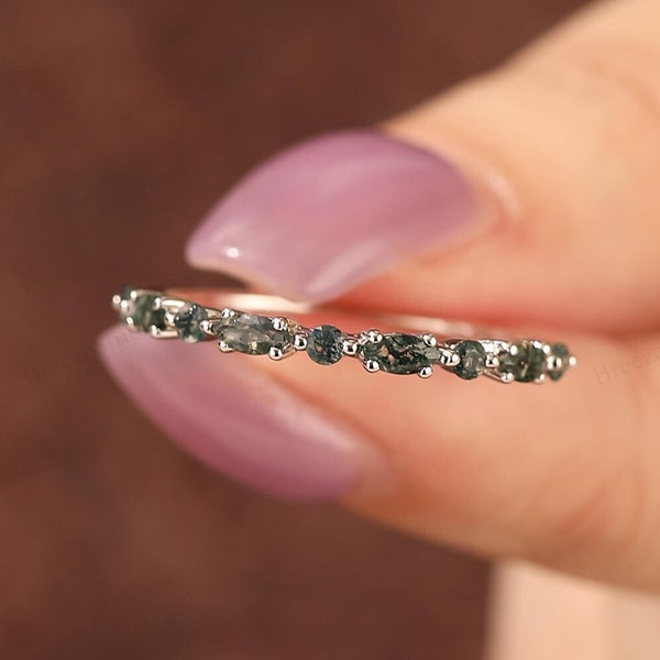 Marquise Cut Moss Agate Band Antique Promise Jewelry 14k Solid Gold Eternity Matching Band Diamond Wedding Ring Anniversary Gift For Women