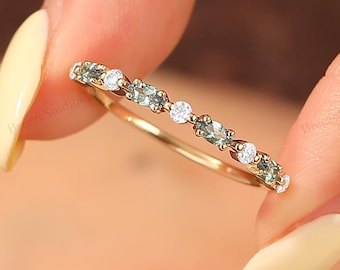 Solid Gold Cluster Marquise Cut Alexandrite & Moissanite Bridal Matching Band June Birthstone Anniversary Gift