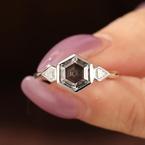 Handmade Antique Hexagon Shape Grey Moissanite Engagement Ring White Gold Three Stone Bezel Grey Moissanite Wedding Bridal Ladies Jewelry