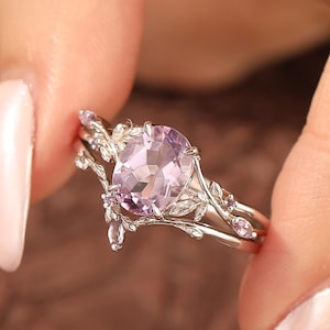 Art deco cluster leaf oval cut Lavender Amethyst engagement ring rose gold 6x8mm 1.5CT oval cut Lavender Amethyst anniversary ring for lover