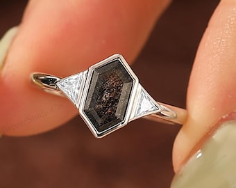 Art Deco Bezel Set Herkimer Raw Diamond Engagement Ring, Minimalist Unique Jewelry Gold