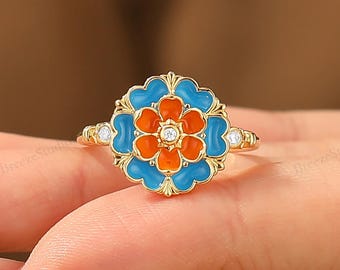 Natural Inspired Floral Design Moissanite Promise Ring Yelow Gold Statement Ring Blue Enamel
