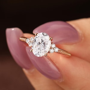 Moissanite Ring, Oval Cut 6x8mm Moissanite Diamond Engagement Ring, Prong Set Accents Moissanite Ring, Art Deco Milgrain Ring, Gold Ring