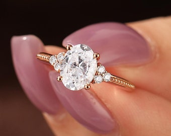 Moissanite Ring, Oval Cut 6x8mm Moissanite Diamond Engagement Ring, Prong Set Accents Moissanite Ring, Art Deco Milgrain Ring, Gold Ring