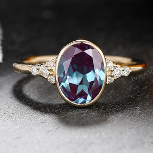 1.5CT Oval Bezel Birthstone Engagement Ring Low Profile Statement Ring Yellow Gold Cluster Jewelry