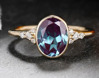 1.5CT Oval Bezel Birthstone Engagement Ring Low Profile Statement Ring Yellow Gold Cluster Jewelry