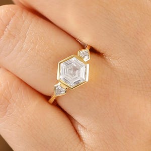 Bezel Hexagon Engagement Ring, Moissanite Wedding Ring, Statement Ring, 7mm Hexagon Cut Wedding Ring, Kite Shape Ring, 10K Solid Gold Rings