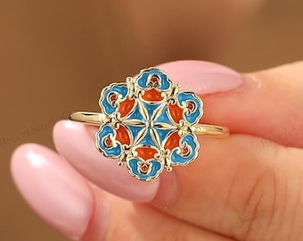 Statement Cocktail Ring for Her Natural Inspired Yellow Gold Blue & Orange Enamel Promise Ring