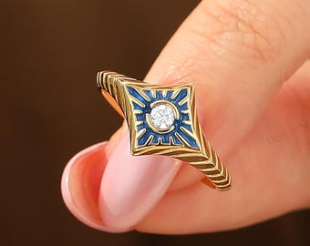 Yellow Star Design Natural Inspired Blue Beach Statement Ring Enamel Unisex Promise Ring