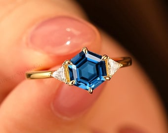 Anillos de compromiso vintage de 1 quilate con topacio azul natural de Londres hexagonal y múltiples piedras, anillos de boda de 6 puntas.