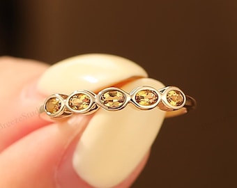 Solid Gold Natural Citrine Nov Birthstone Promise Ring Vintage Oval Bezel Set Stacking Band