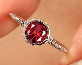 Firework Cut Garnet Engagement Ring- Filigree Style Round Red Garnet Wedding Promise Rings