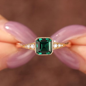 Bezel Square Emerald Wedding Ring, Emerald Wedding Rings, Milgrain Natural Diamond Ring, Low Profile Engagement Ring, May Birthstone Ring