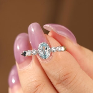 Vintage Aquamarine Solid Gold Ring Danity Oval Cut March Birthstone Aquamarine Engagement Ring For Women Promise Ring Anniversary Gift  Her