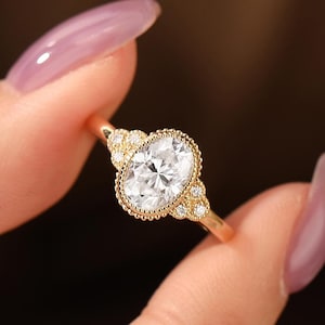 Vintage Oval 1.5CT Moissanite Ring, 14k Rose Gold Ring, Retro Bridal Ring, Antique Moissanite Engagement Promise Ring, Dainty Wedding Ring