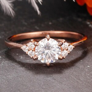 Round moissanite ring vintage accent diamond engagement ring solid gold unique snowdrift 6 prong wedding ring promise ring for women