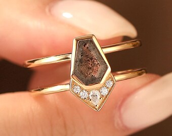 Coffin Cut Salt Pepper Herkimer Diamond Bridal Promise Ring Solid Gold Double Shank Ring