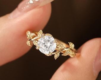 Natural Inspired Rose Gold Leaf Ring, 6mm Round Moissanite, Art Deco Engagement Ring