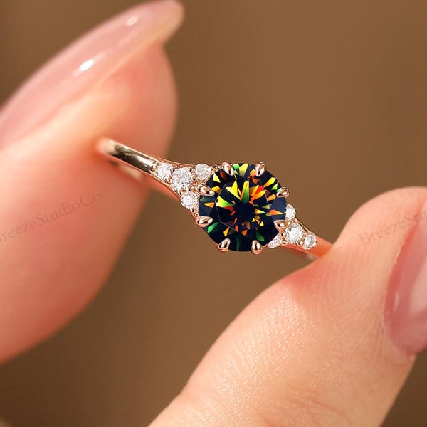 Art Deco 6mm Black Fire Moissanite Ring Solid Gold Vintage Bridal Anniversary Engagement Ring