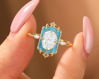 Vintage Filigree Ice Blue Enamel Oval 1.5CT Moissanite Wedding Promise Ring Unique Bridal Jewelry