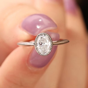 Holiday Gifts, 1CT Oval Solitaire Moissanite Ring, Simulated Diamond Engagement Ring, Milgrain Bezel Wedding Ring, Gift Rings, Gifts For Her