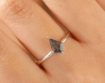 Solitaire 6x9mm Kite Cut Galaxy Raw Salt and Pepper Diamond 18K Gold Engagement Ring Low Profile Bridal Ring Statement Personalized ring